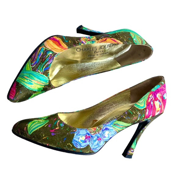 CHARLES JOURDAN PARIS FRANCE 1990s VINTAGE SILK FLORAL HIGH HEELS STUNNING - Picture 4 of 9